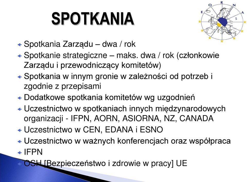 z przepisami Dodatkowe spotkania komitetów wg uzgodnień Uczestnictwo w spotkaniach innych międzynarodowych