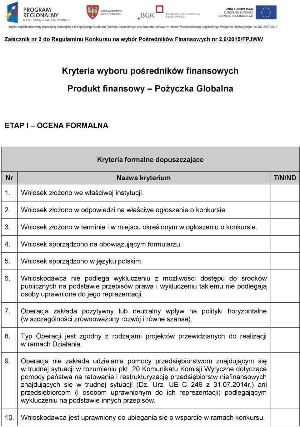 Wniosek złożono we właściwej instytucji. 2. Wniosek złożono w odpowiedzi na właściwe ogłoszenie o konkursie. 3. Wniosek złożono w terminie i w miejscu określonym w ogłoszeniu o konkursie. 4.