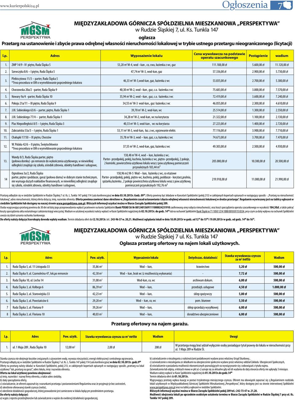 ZMP 14/9 - IV piętro, Ruda Śląska 5 53,20 m 2 M-4, wod kan, co, cwu, łazienka z wc, gaz 111.188,00 zł 5.600,00 zł 11.120,00 zł 2. Szewczyka 8/6 I piętro, Ruda Śląska 5 47,74 m 2 M-3, wod-kan, gaz 57.