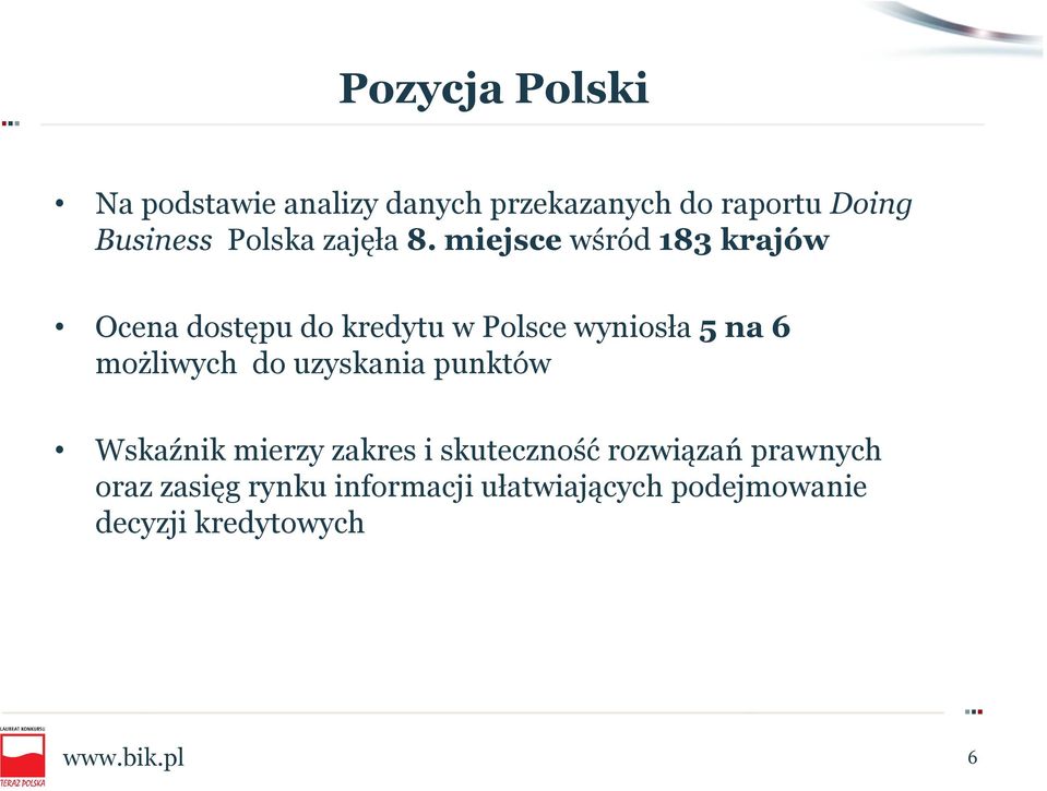 miejsce wśród 183 krajów Ocena dostępu do kredytu w Polsce wyniosła 5 na 6 możliwych do