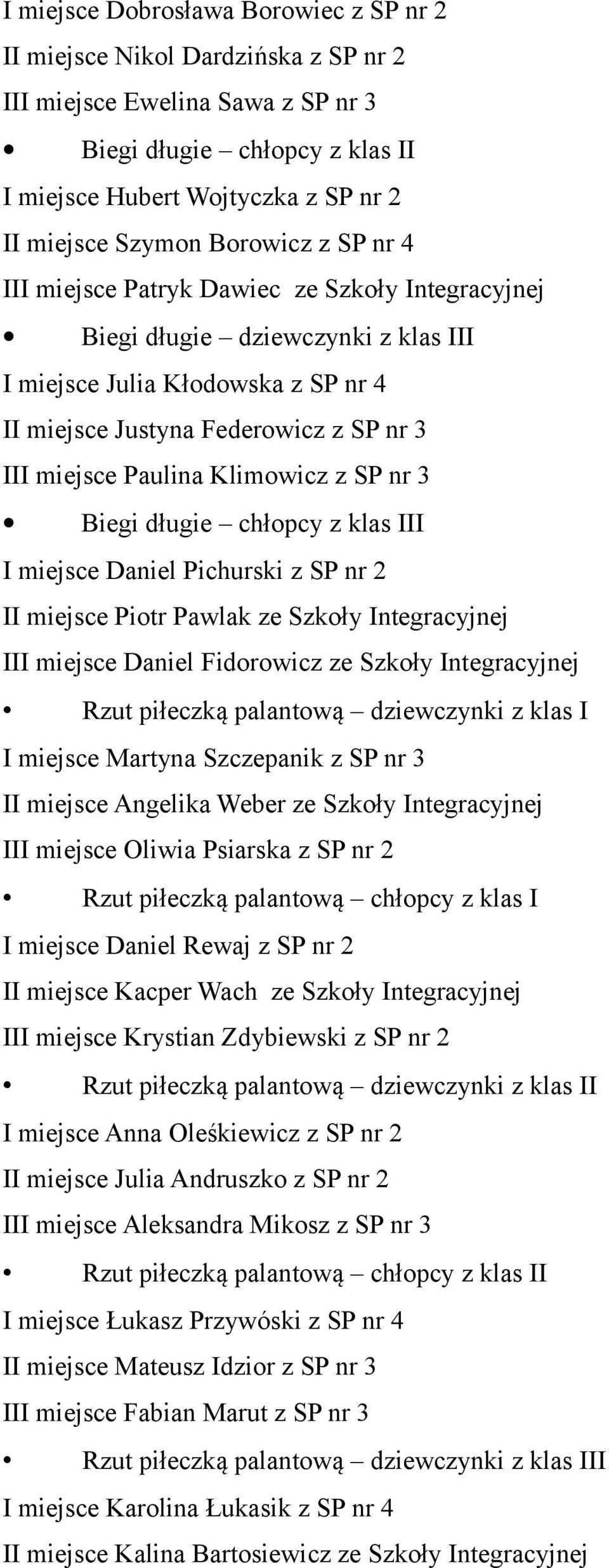 Paulina Klimowicz z SP nr 3 Biegi długie chłopcy z klas III I miejsce Daniel Pichurski z SP nr 2 II miejsce Piotr Pawlak ze Szkoły Integracyjnej III miejsce Daniel Fidorowicz ze Szkoły Integracyjnej