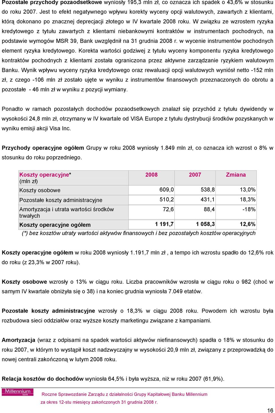 W związku ze wzrostem ryzyka kredytowego z tytułu zawartych z klientami niebankowymi kontraktów w instrumentach pochodnych, na podstawie wymogów MSR 39, Bank uwzględnił na 31 grudnia 2008 r.