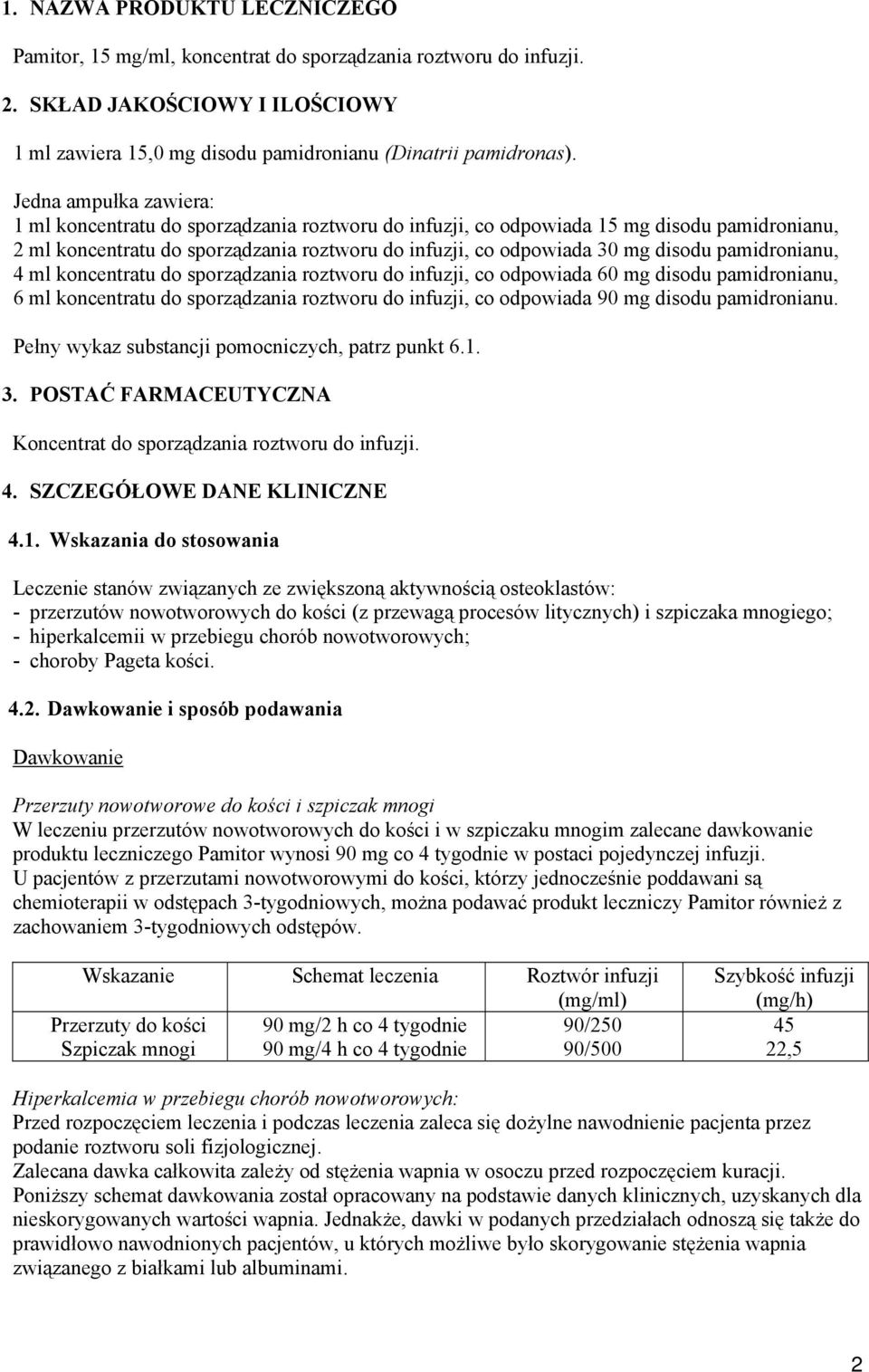 pamidronianu, 4 ml koncentratu do sporządzania roztworu do infuzji, co odpowiada 60 mg disodu pamidronianu, 6 ml koncentratu do sporządzania roztworu do infuzji, co odpowiada 90 mg disodu