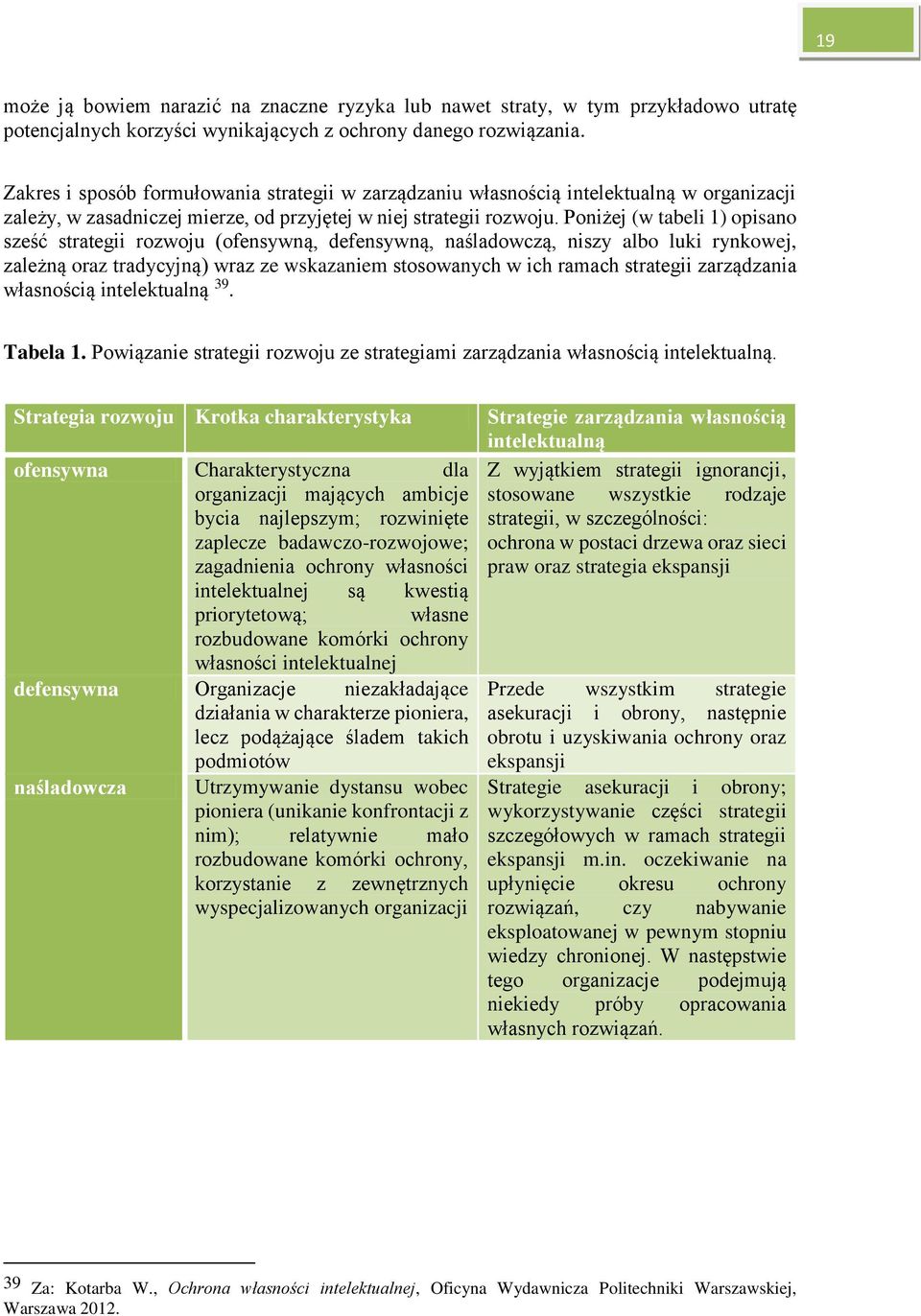 Poniżej (w tabeli 1) opisano sześć strategii rozwoju (ofensywną, defensywną, naśladowczą, niszy albo luki rynkowej, zależną oraz tradycyjną) wraz ze wskazaniem stosowanych w ich ramach strategii