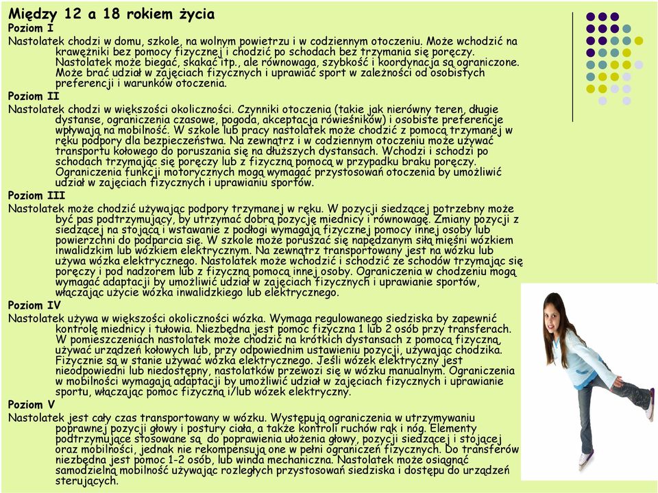 Może brać udział w zajęciach fizycznych i uprawiać sport w zależności od osobistych preferencji i warunków otoczenia. Poziom II Nastolatek chodzi w większości okoliczności.