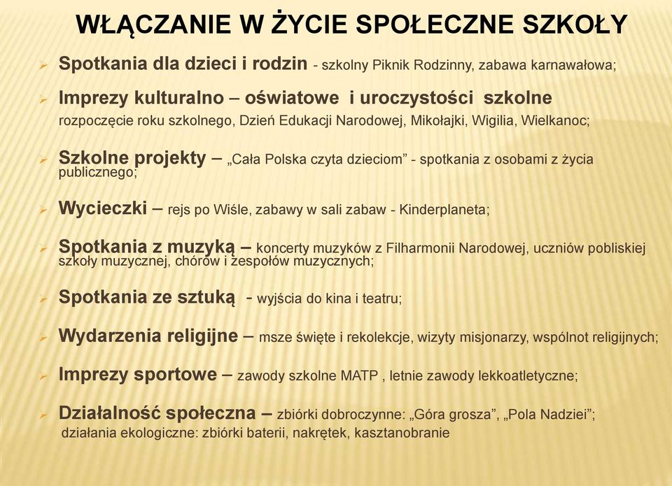 Spotkania z muzyką koncerty muzyków z Filharmonii Narodowej, uczniów pobliskiej szkoły muzycznej, chórów i zespołów muzycznych; Spotkania ze sztuką - wyjścia do kina i teatru; Wydarzenia religijne