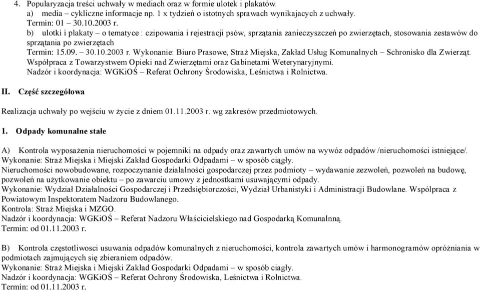 Wykonanie: Biuro Prasowe, Straż Miejska, Zakład Usług Komunalnych Schronisko dla Zwierząt. Współpraca z Towarzystwem Opieki nad Zwierzętami oraz Gabinetami Weterynaryjnymi. II.