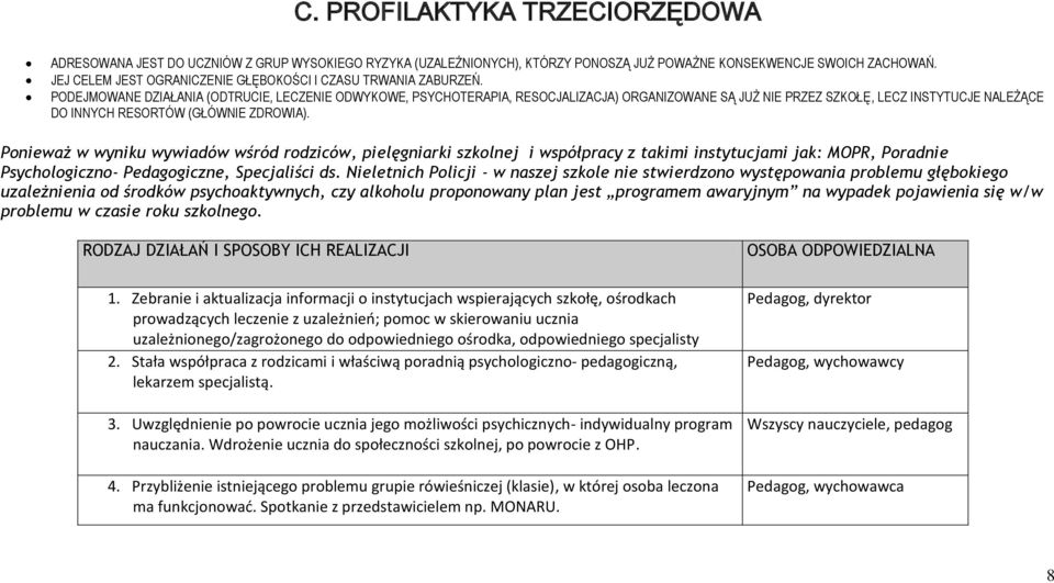 PODEJMOWANE DZIAŁANIA (ODTRUCIE, LECZENIE ODWYKOWE, PSYCHOTERAPIA, RESOCJALIZACJA) ORGANIZOWANE SĄ JUŻ NIE PRZEZ SZKOŁĘ, LECZ INSTYTUCJE NALEŻĄCE DO INNYCH RESORTÓW (GŁÓWNIE ZDROWIA).