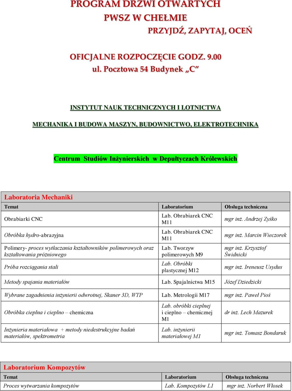 Temat Laboratorium Obsługa techniczna Obrabiarki CNC Obróbka hydro-abrazyjna Polimery- proces wytłaczania kształtowników polimerowych oraz kształtowania próżniowego Próba rozciągania stali Lab.