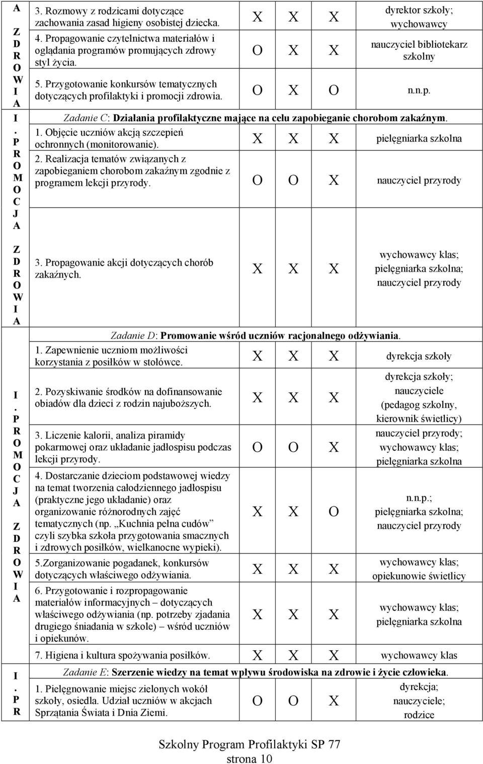 1 bjęcie uczniów akcją szczepień ochronnych (monitorowanie) pielęgniarka szkolna 2 ealizacja tematów związanych z zapobieganiem chorobom zakaźnym zgodnie z programem lekcji przyrody X nauczyciel