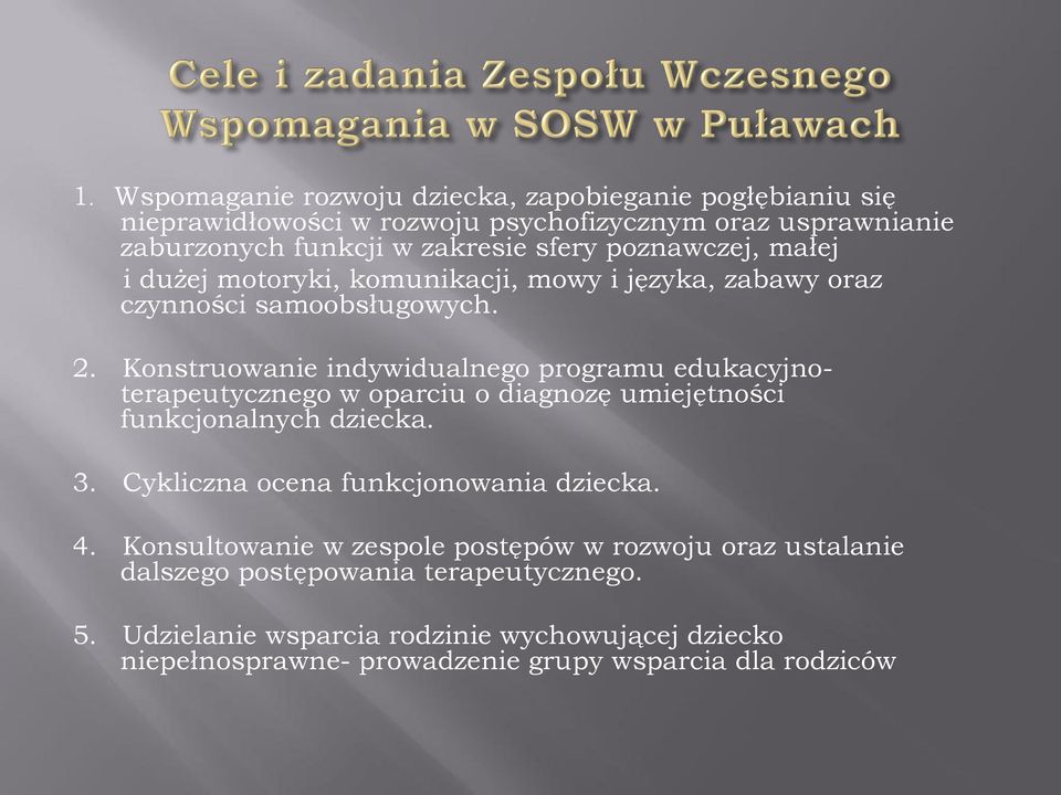 Konstruowanie indywidualnego programu edukacyjnoterapeutycznego w oparciu o diagnozę umiejętności funkcjonalnych dziecka. 3.