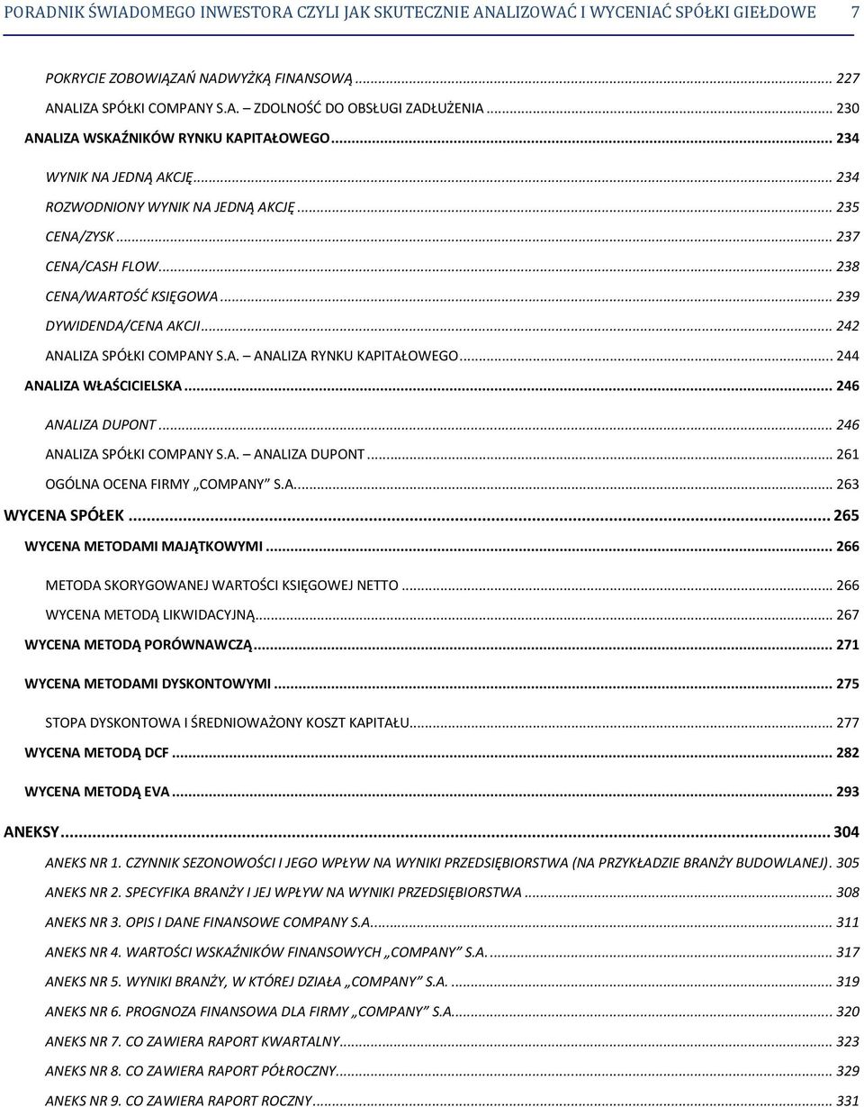 .. 239 DYWIDENDA/CENA AKCJI... 242 ANALIZA SPÓŁKI COMPANY S.A. ANALIZA RYNKU KAPITAŁOWEGO... 244 ANALIZA WŁAŚCICIELSKA... 246 ANALIZA DUPONT... 246 ANALIZA SPÓŁKI COMPANY S.A. ANALIZA DUPONT... 261 OGÓLNA OCENA FIRMY COMPANY S.