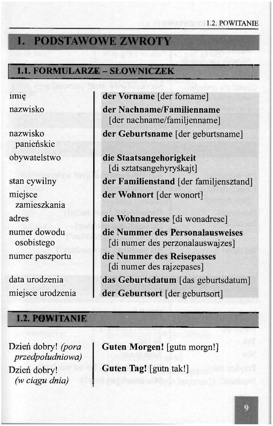 Faniilienstand [der familjensztand] der Wohnort [der wonort] die Wohnadresse [di wonadrese] die Nummer des Personalausweises [di numer des perzonalauswajzes] die Nummer des Reisepasses [di numer des