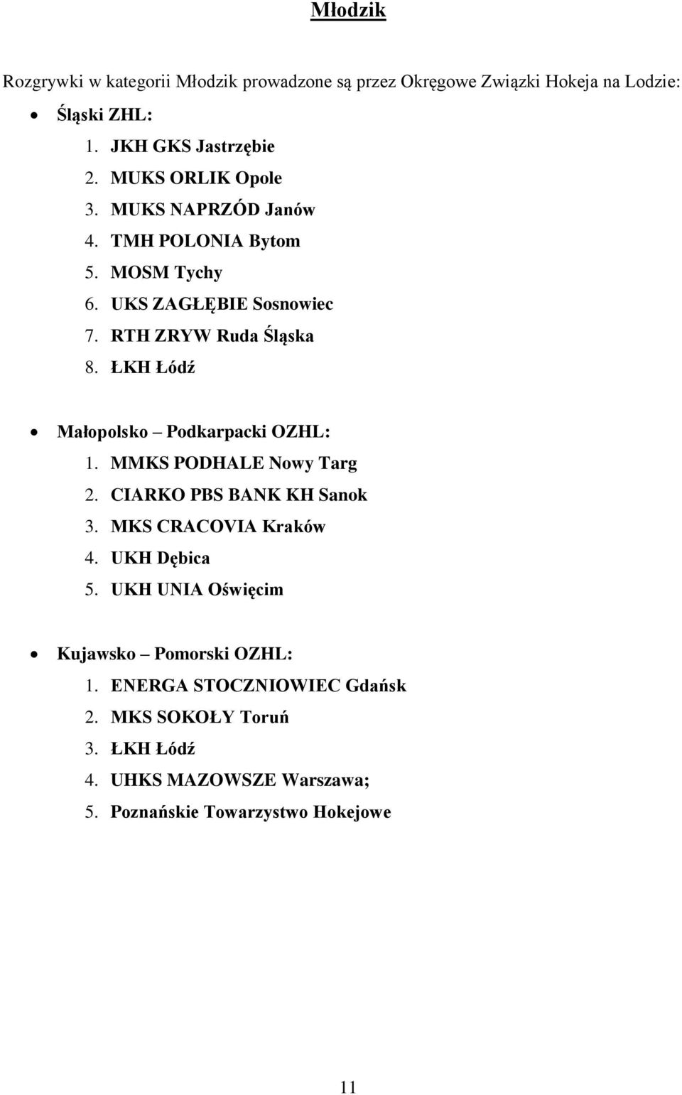 ŁKH Łódź Małopolsko Podkarpacki OZHL: 1. MMKS PODHALE Nowy Targ 2. CIARKO PBS BANK KH Sanok 3. MKS CRACOVIA Kraków 4. UKH Dębica 5.