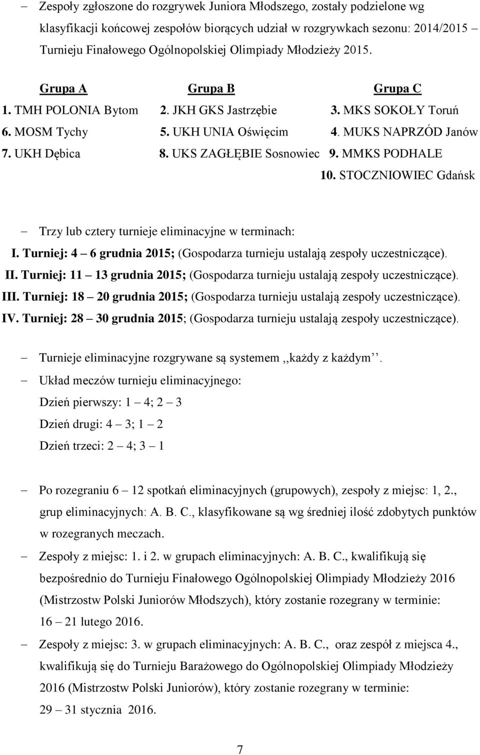 UKS ZAGŁĘBIE Sosnowiec 9. MMKS PODHALE 10. STOCZNIOWIEC Gdańsk Trzy lub cztery turnieje eliminacyjne w terminach: I. Turniej: 4 6 grudnia 2015; (Gospodarza turnieju ustalają zespoły uczestniczące).