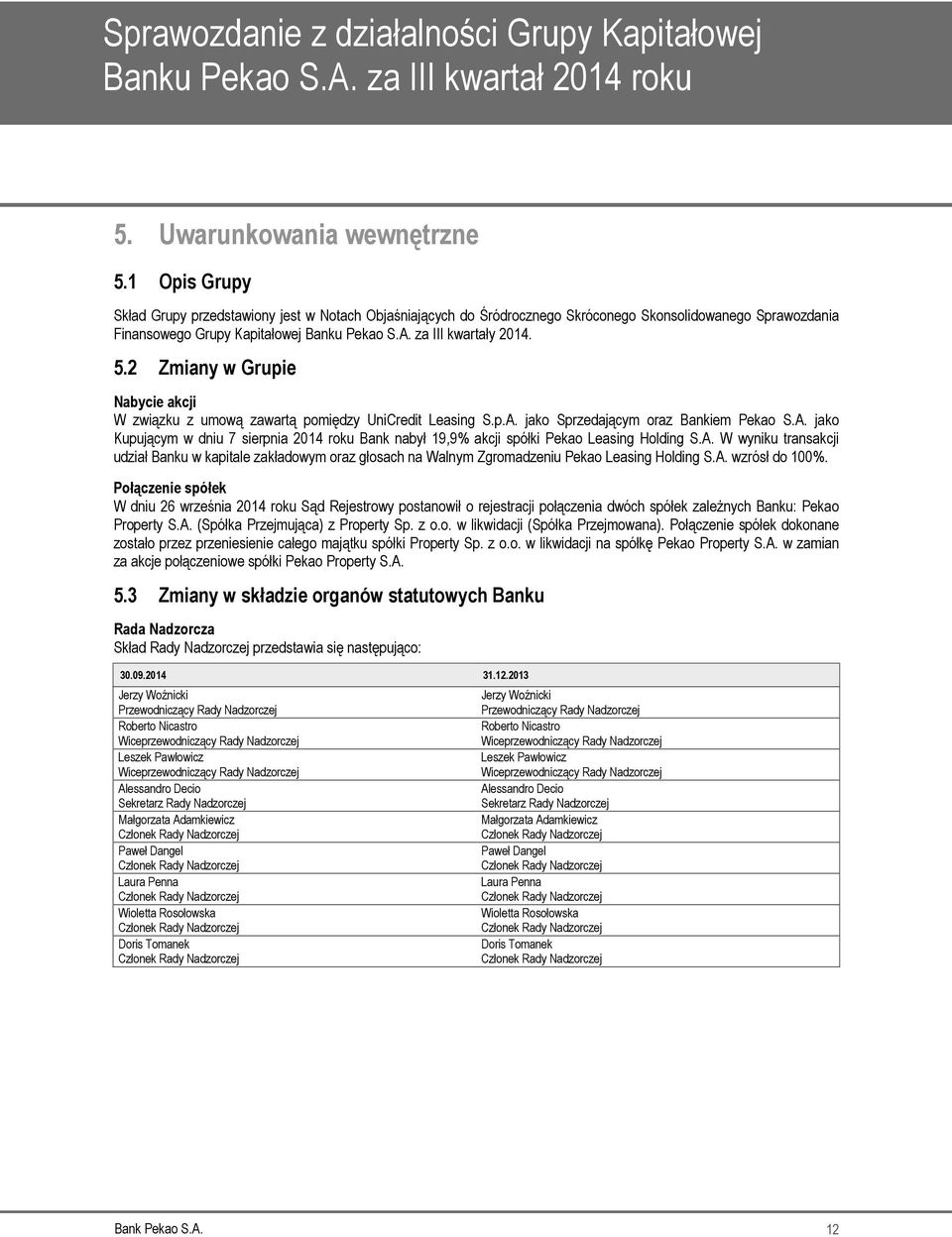 2 Zmiany w Grupie Nabycie akcji W związku z umową zawartą pomiędzy UniCredit Leasing S.p.A. jako Sprzedającym oraz Bankiem Pekao S.A. jako Kupującym w dniu 7 sierpnia 2014 roku Bank nabył 19,9% akcji spółki Pekao Leasing Holding S.