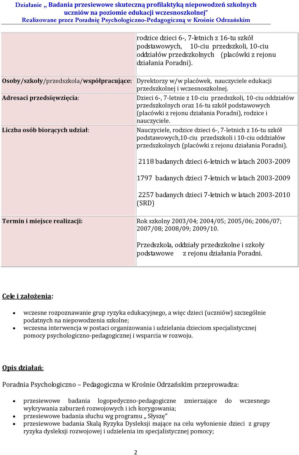 Adresaci przedsięwzięcia: Dzieci 6-, 7-letnie z 10-ciu przedszkoli, 10-ciu oddziałów przedszkolnych oraz 16-tu szkół podstawowych (placówki z rejonu działania Poradni), rodzice i nauczyciele.