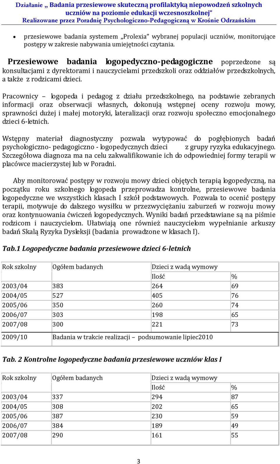 Pracownicy logopeda i pedagog z działu przedszkolnego, na podstawie zebranych informacji oraz obserwacji własnych, dokonują wstępnej oceny rozwoju mowy, sprawności dużej i małej motoryki,