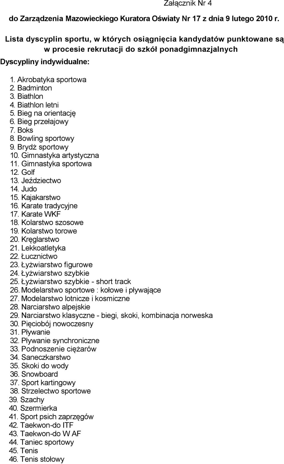 Biathlon letni 5. Bieg na orientację 6. Bieg przełajowy 7. Boks 8. Bowling sportowy 9. Brydż sportowy 10. Gimnastyka artystyczna 11. Gimnastyka sportowa 12. Golf 13. Jeździectwo 14. Judo 15.