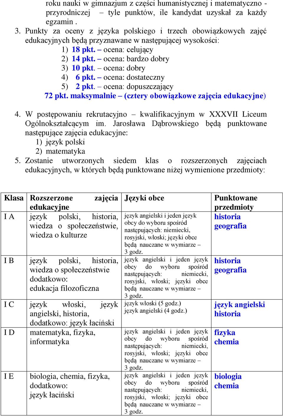 ocena: dobry 4) 6 pkt. ocena: dostateczny 5) 2 pkt. ocena: dopuszczający 72 pkt. maksymalnie (cztery obowiązkowe zajęcia edukacyjne) 4.