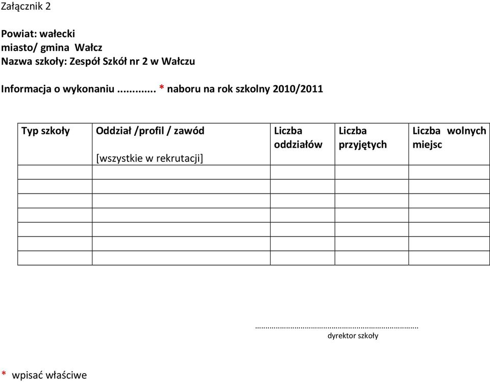 .. * naboru na rok szkolny 2010/2011 Typ szkoły Oddział /profil / zawód