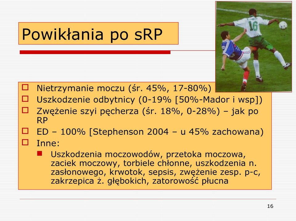 18%, 0-28%) jak po RP ED 100% [Stephenson 2004 u 45% zachowana) Inne: Uszkodzenia moczowodów,