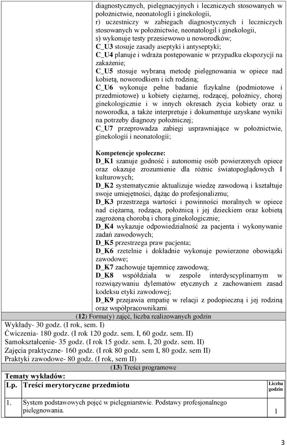 pielęgnowania w opiece nad kobietą, noworodkiem i ich rodziną; C_U6 pełne badanie fizykalne (podmiotowe i przedmiotowe) u kobiety ciężarnej, rodzącej, położnicy, chorej ginekologicznie i w innych