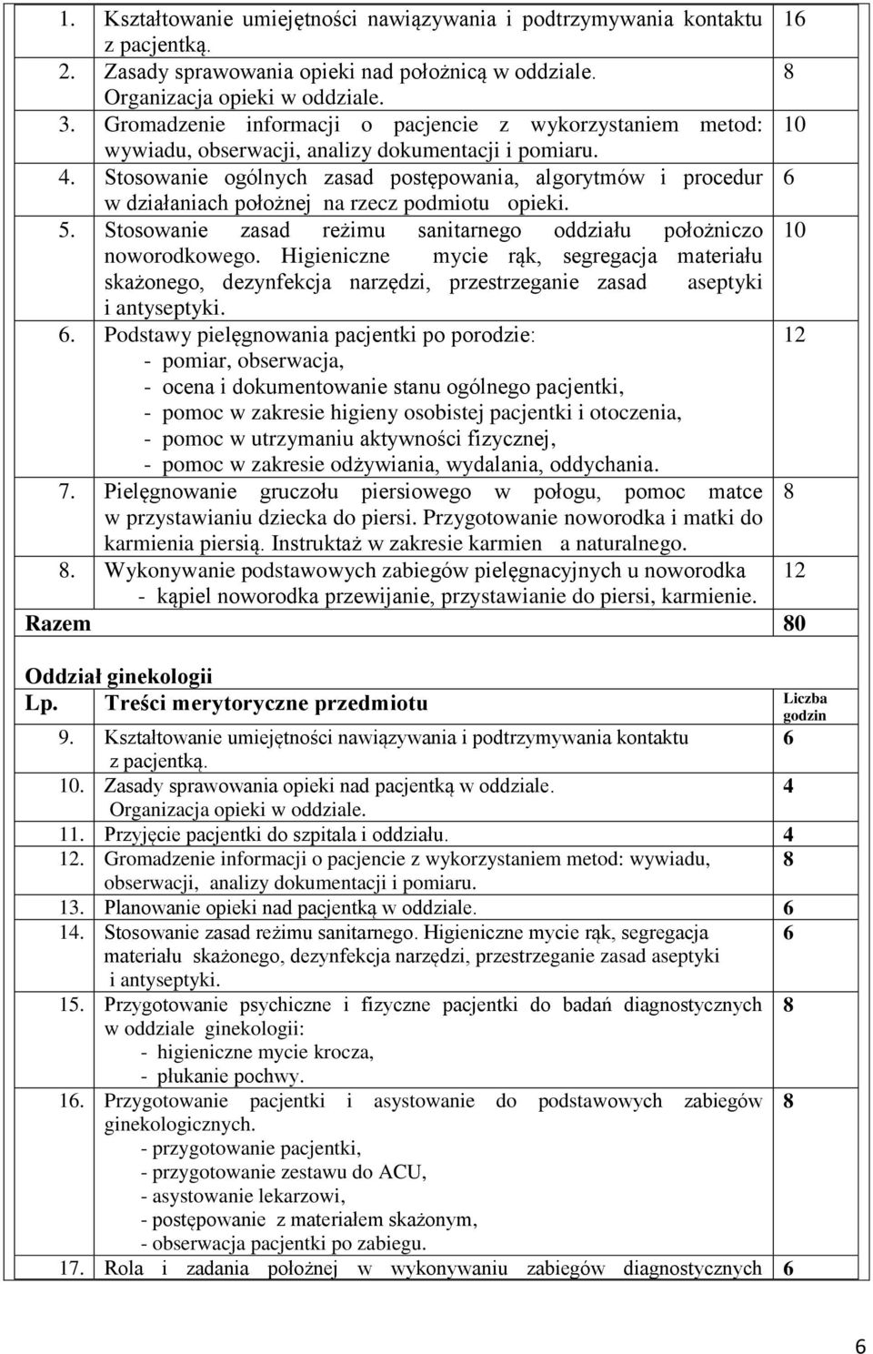 . Stosowanie ogólnych zasad postępowania, algorytmów i procedur 6 w działaniach położnej na rzecz podmiotuopieki. 5. Stosowanie zasad reżimu sanitarnego oddziału położniczo 10 noworodkowego.