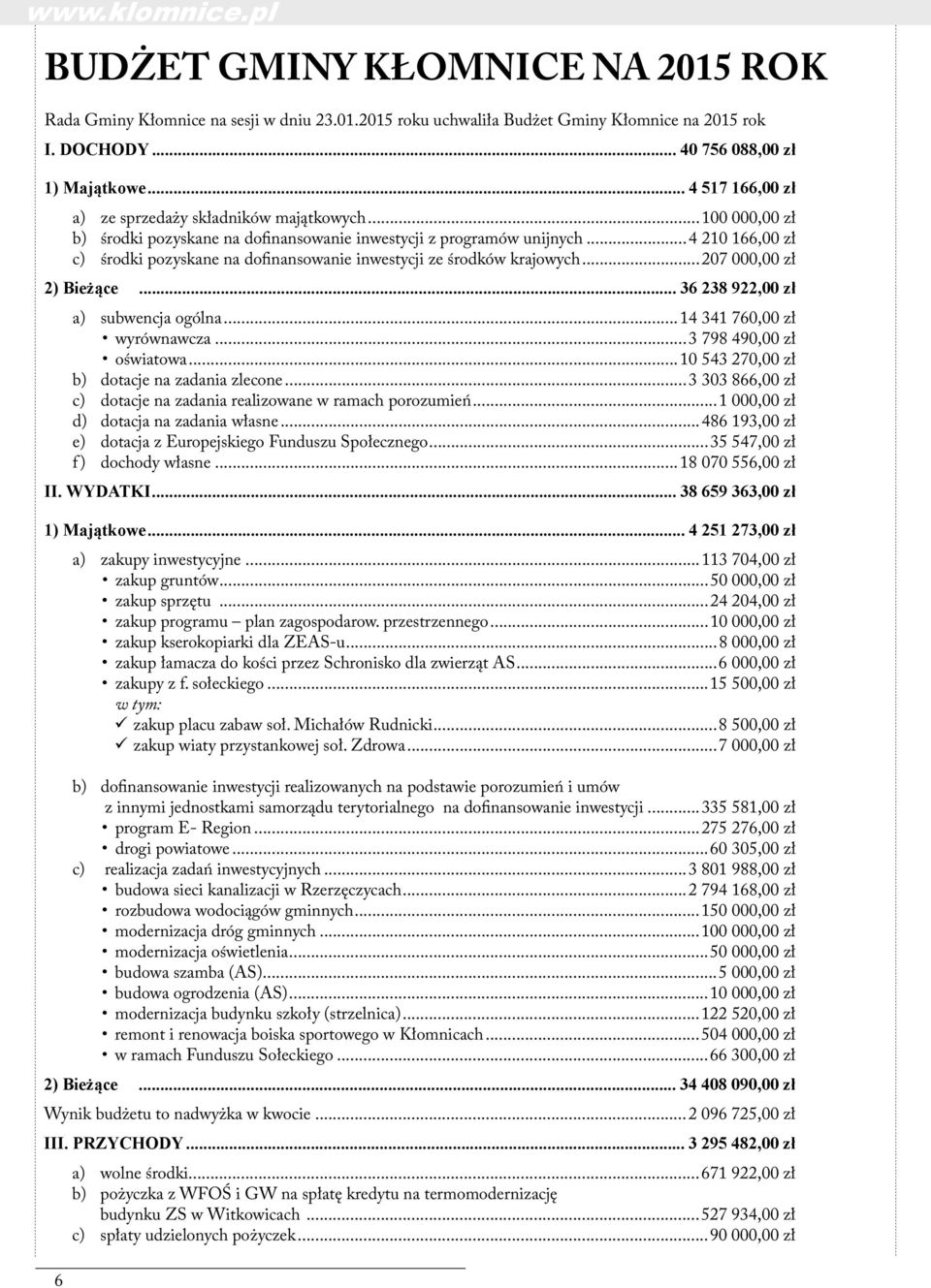 ..4 210 166,00 zł c) środki pozyskane na dofinansowanie inwestycji ze środków krajowych...207 000,00 zł 2) Bieżące... 36 238 922,00 zł a) subwencja ogólna...14 341 760,00 zł wyrównawcza.