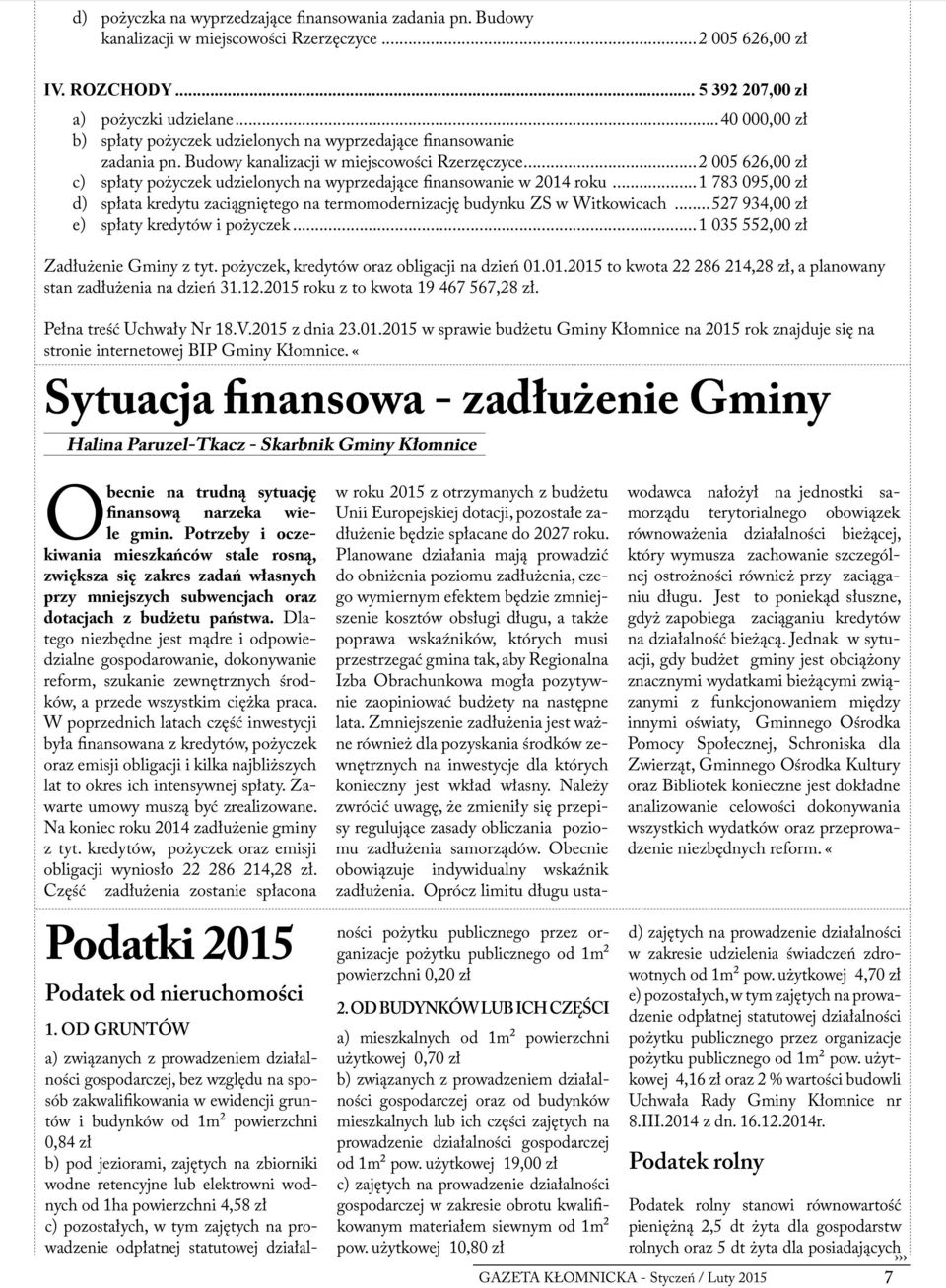 ..2 005 626,00 zł c) spłaty pożyczek udzielonych na wyprzedające finansowanie w 2014 roku...1 783 095,00 zł d) spłata kredytu zaciągniętego na termomodernizację budynku ZS w Witkowicach.