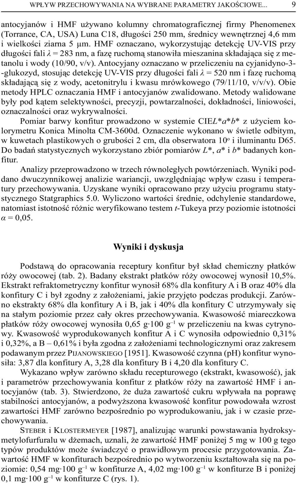 HMF oznaczano, wykorzystuj c detekcj UV-VIS przy d ugo ci fali = 283 nm, a faz ruchom stanowi a mieszanina sk adaj ca si z metanolu i wody (10/90, v/v).