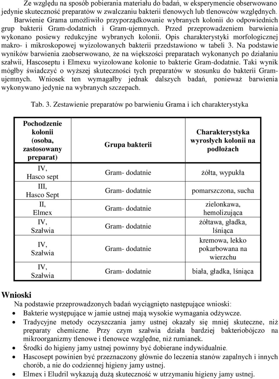 Przed przeprowadzeniem barwienia wykonano posiewy redukcyjne wybranych kolonii. Opis charakterystyki morfologicznej makro- i mikroskopowej wyizolowanych bakterii przedstawiono w tabeli 3.