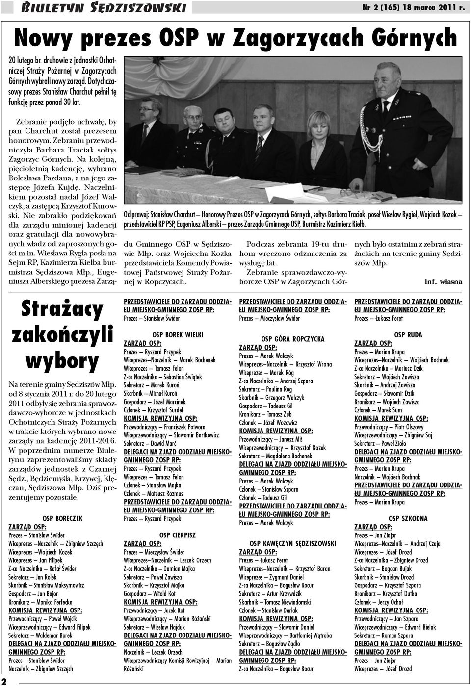 Zebraniu przewodniczy³a Barbara Traciak so³tys Zagorzyc Górnych. Na kolejn¹, piêcioletni¹ kadencjê, wybrano Boles³awa Pazdana, a na jego zastêpcê Józefa Kujdê.