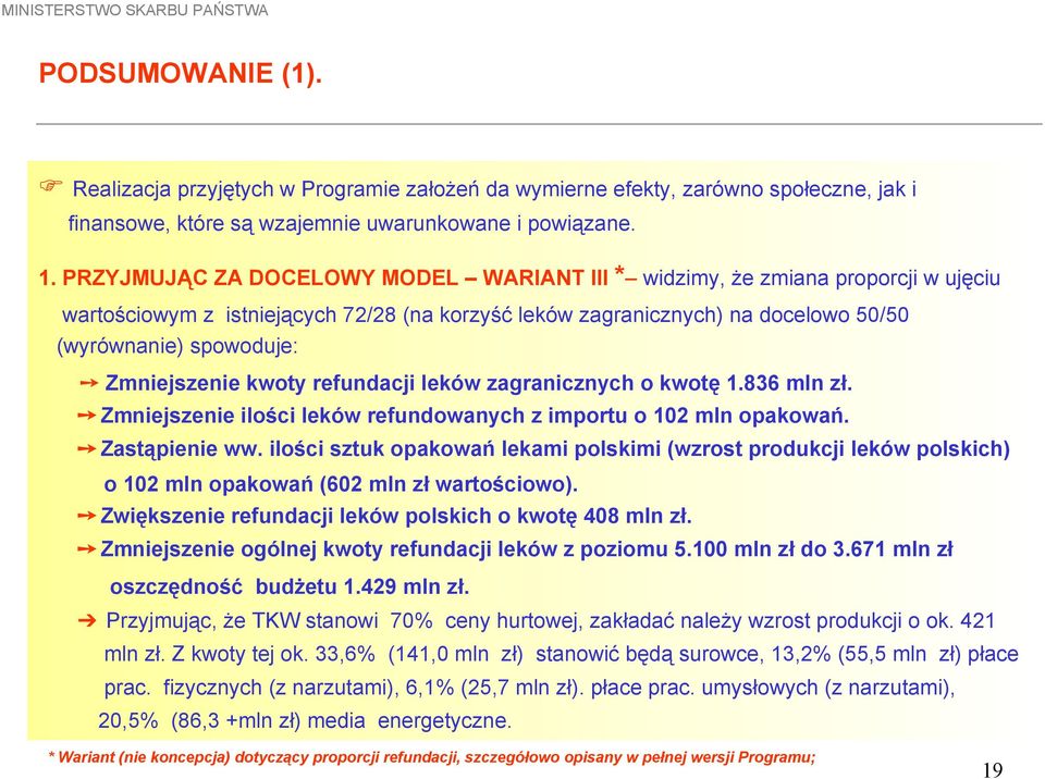 Zmniejszenie kwoty refundacji leków zagranicznych o kwotę 1.836 mln zł. Zmniejszenie ilości leków refundowanych z importu o 102 mln opakowań. Zastąpienie ww.