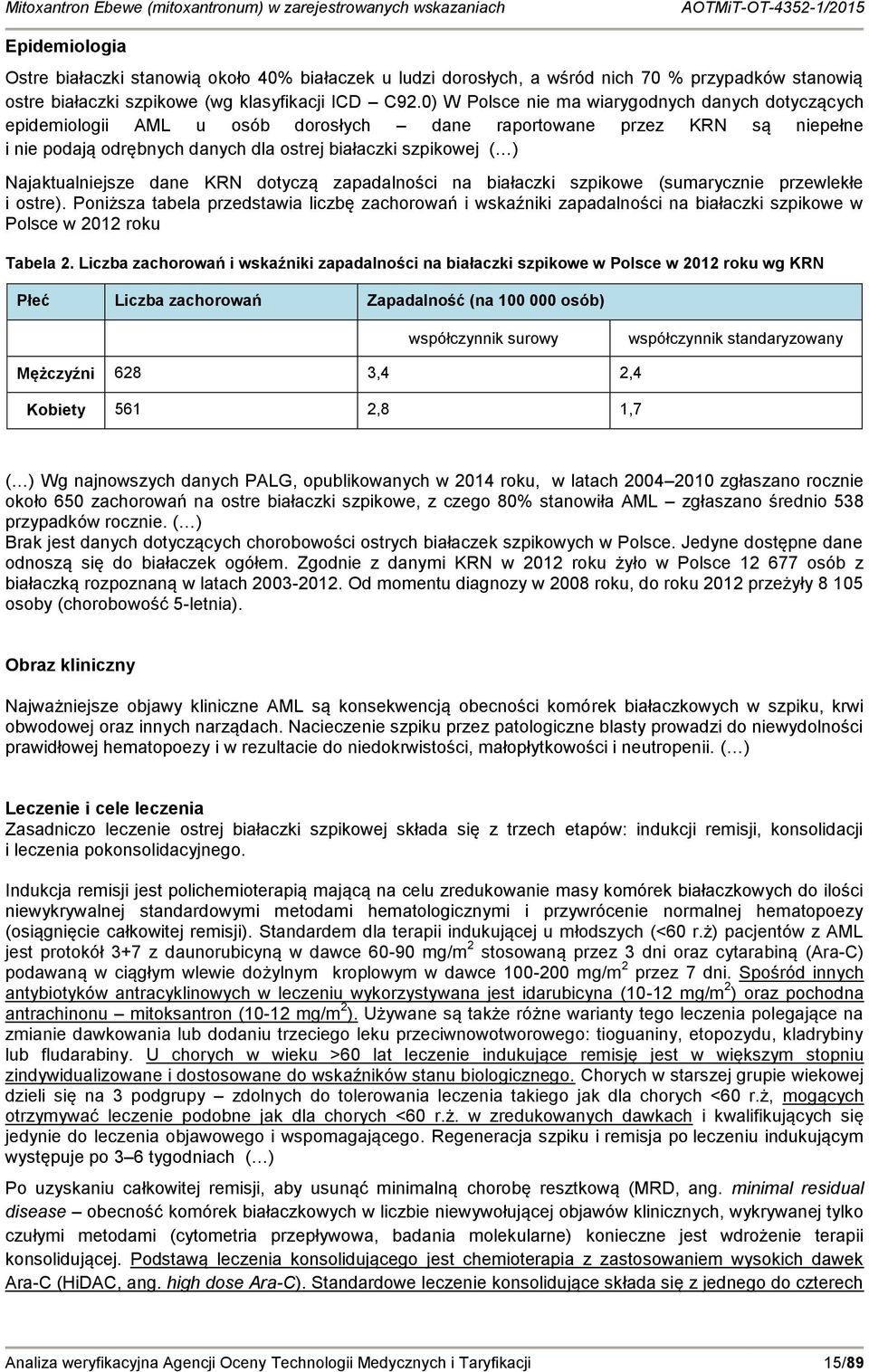 Najaktualniejsze dane KRN dotyczą zapadalności na białaczki szpikowe (sumarycznie przewlekłe i ostre).