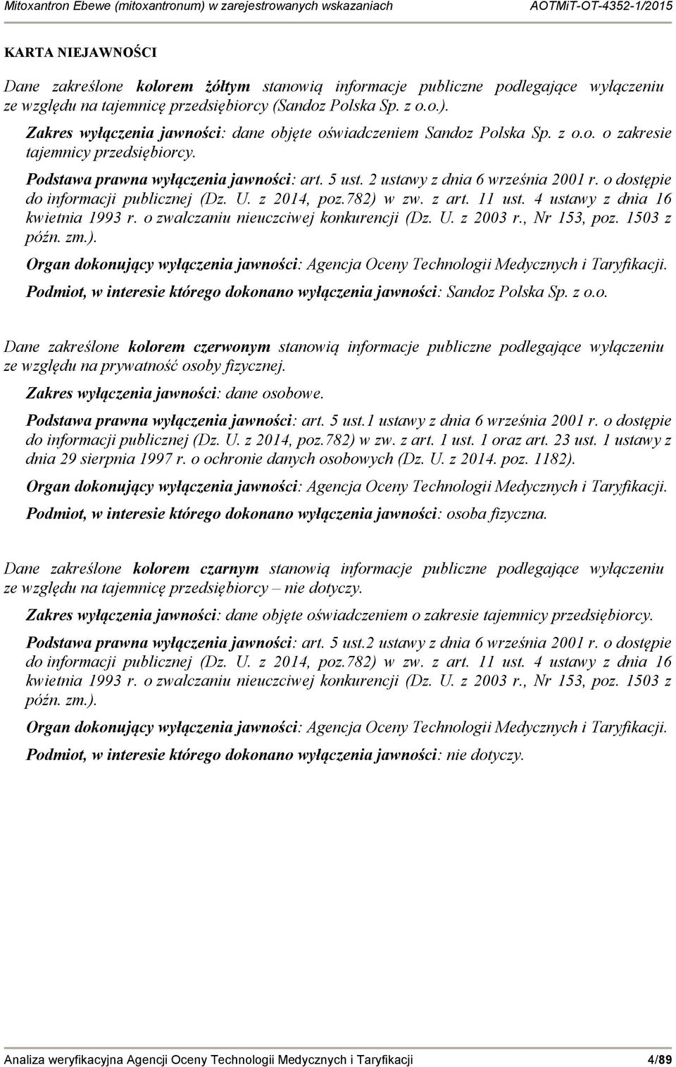 o dostępie do informacji publicznej (Dz. U. z 2014, poz.782) w zw. z art. 11 ust. 4 ustawy z dnia 16 kwietnia 1993 r. o zwalczaniu nieuczciwej konkurencji (Dz. U. z 2003 r., Nr 153, poz. 1503 z późn.