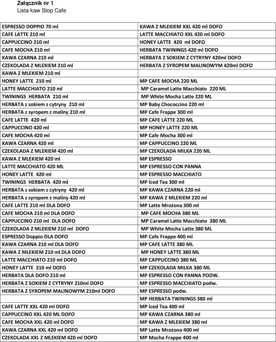 MLEKIEM 420 ml KAWA Z MLEKIEM 420 ml LATTE MACCHIATO 420 ML HONEY LATTE 420 ml TWININGS HERBATA 420 ml HERBATA z sokiem z cytryny 420 ml HERBATA z syropem z maliny 420 ml CAFE LATTE 210 ml DLA DOFO