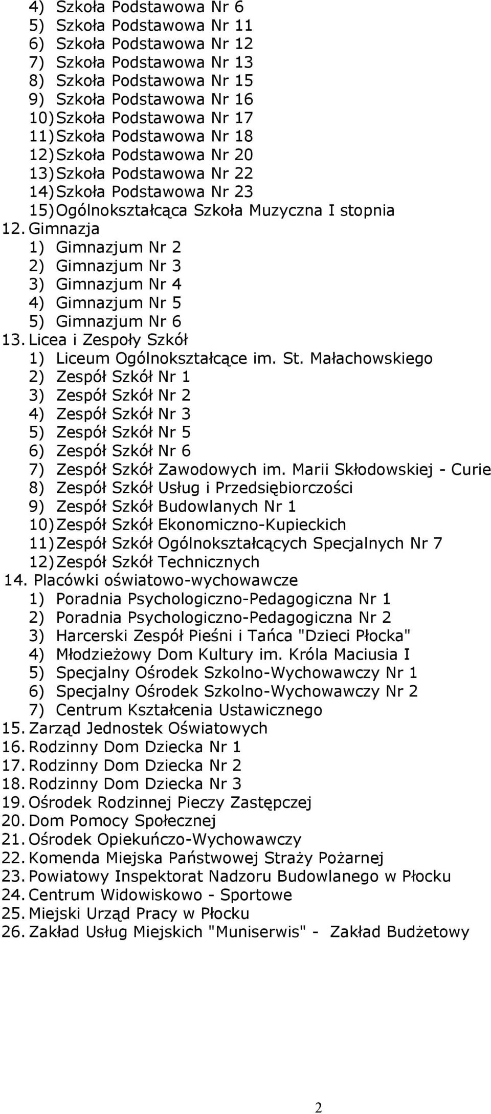 Licea i Zespoły Szkół ) Liceum Ogólnokształcące im. St. Małachowskiego ) Zespół Szkół Nr ) Zespół Szkół Nr ) Zespół Szkół Nr ) Zespół Szkół Nr 6) Zespół Szkół Nr 6 7) Zespół Szkół Zawodowych im.