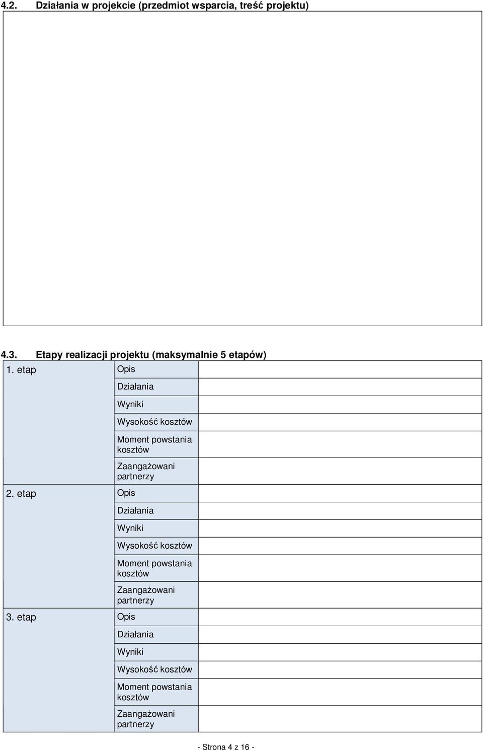 etap Opis Działania Wyniki Wysokość kosztów Moment powstania kosztów ZaangaŜowani partnerzy 2.