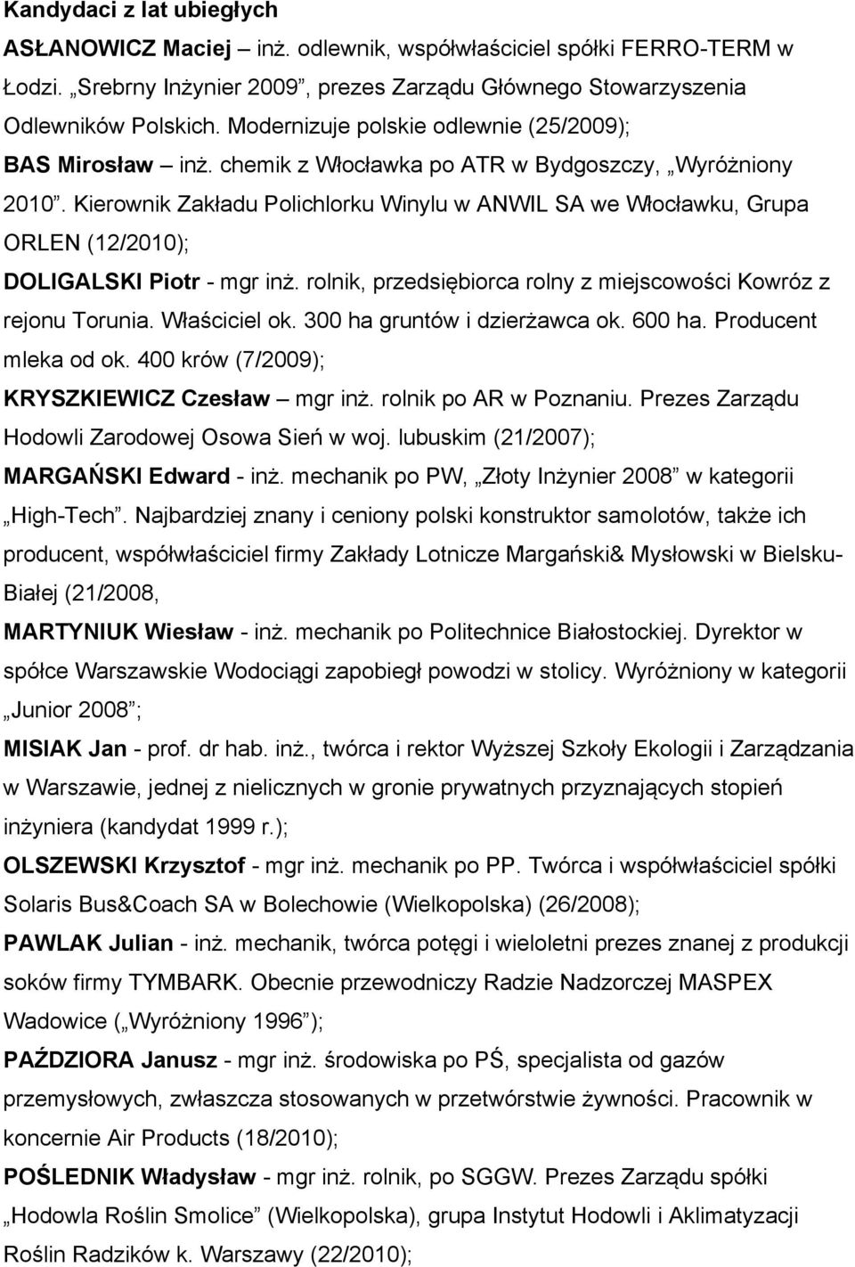 Kierownik Zakładu Polichlorku Winylu w ANWIL SA we Włocławku, Grupa ORLEN (12/2010); DOLIGALSKI Piotr - mgr inż. rolnik, przedsiębiorca rolny z miejscowości Kowróz z rejonu Torunia. Właściciel ok.