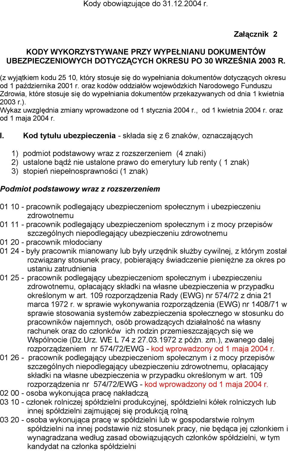 oraz kodów oddziałów wojewódzkich Narodowego Funduszu Zdrowia, które stosuje się do wypełniania dokumentów przekazywanych od dnia 1 kwietnia 2003 r.).