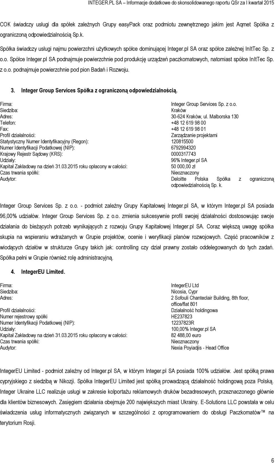 3. Integer Group Services Spółka z ograniczoną odpowiedzialnością. Firma: Integer Group Services Sp. z o.o. Siedziba: Kraków Adres: 30-624 Kraków, ul.