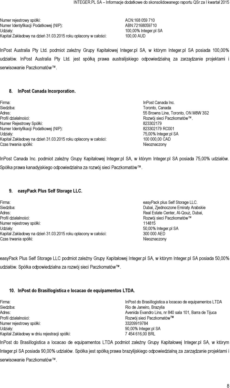 8. InPost Canada Incorporation. Firma: InPost Canada Inc. Siedziba: Toronto, Canada Adres: 55 Browns Line, Toronto, ON M8W 3S2 Profil działalności: Rozwój sieci Paczkomatów.