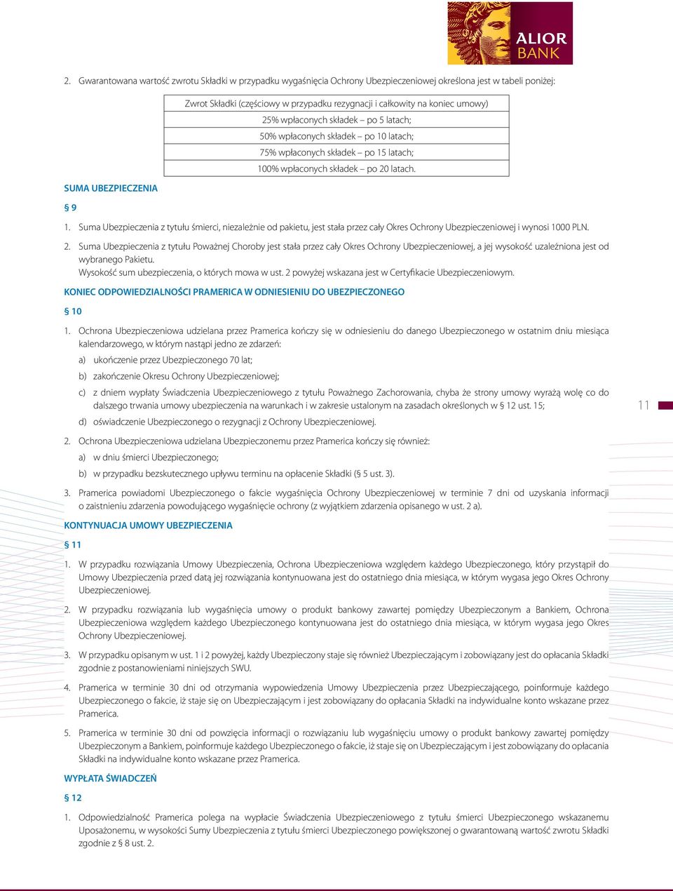 latach; 75% wpłaconych składek po 15 latach; 100% wpłaconych składek po 20 latach. 1. Suma Ubezpieczenia z tytułu śmierci, niezależnie od pakietu, jest stała przez cały Okres Ochrony Ubezpieczeniowej i wynosi 1000 PLN.