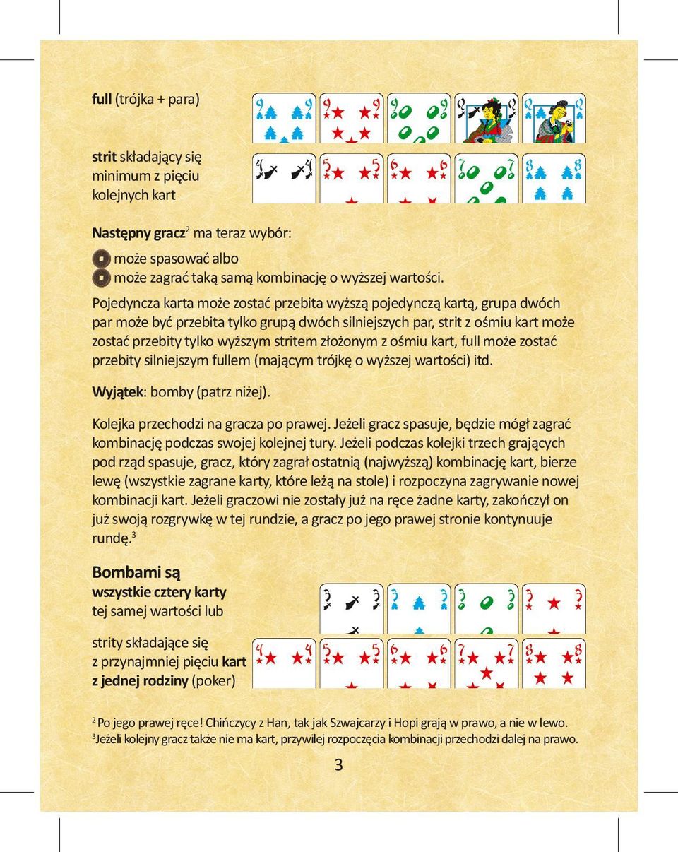 złożonym z ośmiu kart, full może zostać przebity silniejszym fullem (mającym trójkę o wyższej wartości) itd. Wyjątek: bomby (patrz niżej). Kolejka przechodzi na gracza po prawej.