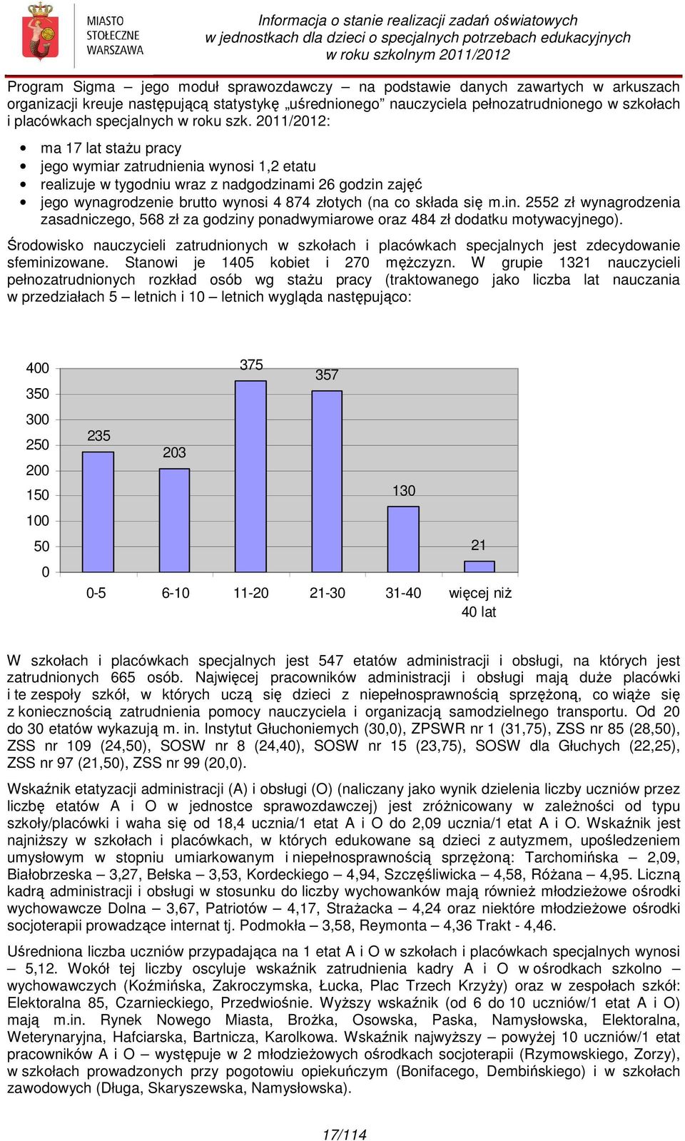 2011/2012: ma 17 lat stażu pracy jego wymiar zatrudnienia wynosi 1,2 etatu realizuje w tygodniu wraz z nadgodzinami 26 godzin zajęć jego wynagrodzenie brutto wynosi 4 874 złotych (na co składa się m.