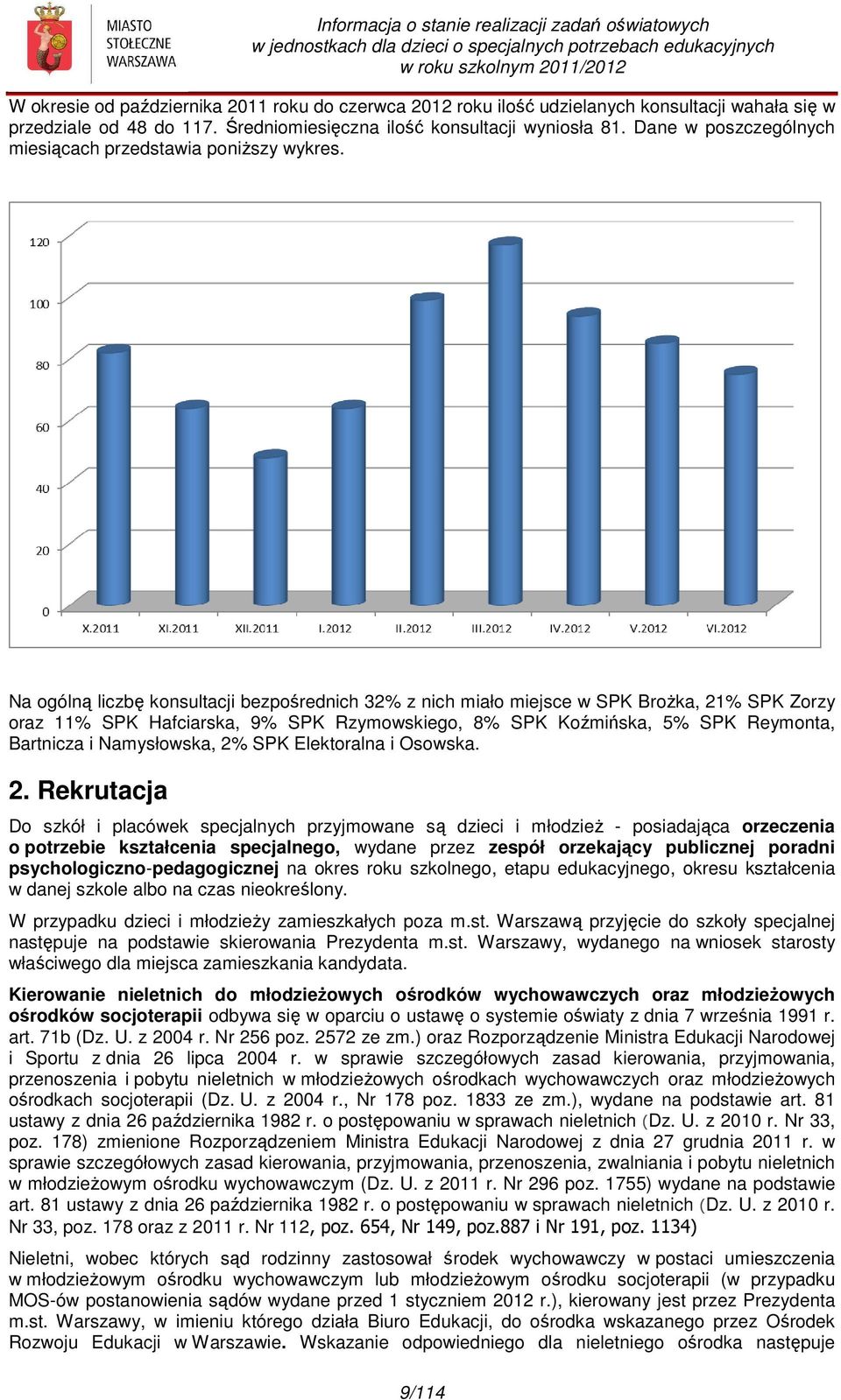 Na ogólną liczbę konsultacji bezpośrednich 32% z nich miało miejsce w SPK Brożka, 21% SPK Zorzy oraz 11% SPK Hafciarska, 9% SPK Rzymowskiego, 8% SPK Koźmińska, 5% SPK Reymonta, Bartnicza i