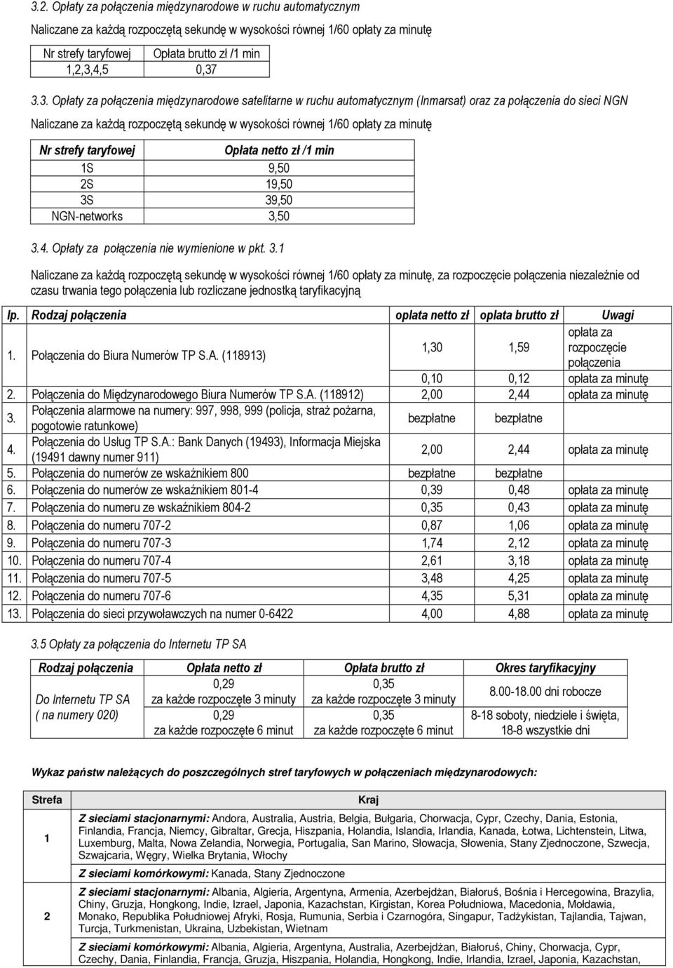 minutę Nr strefy taryfowej Opłata netto zł /1 min 1S 9,50 2S 19,50 3S