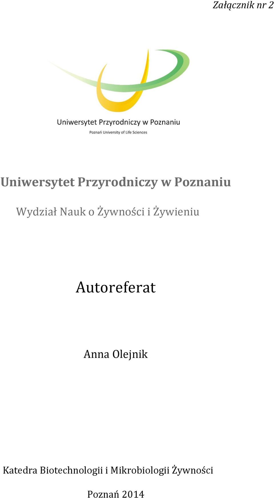 Żywieniu Autoreferat Anna Olejnik Katedra