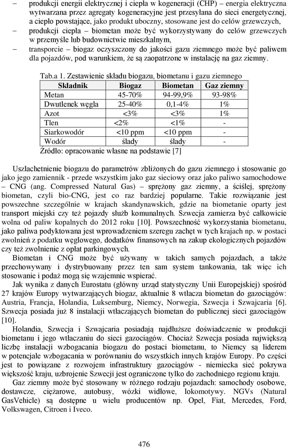 gazu ziemnego może być paliwem dla pojazdów, pod warunkiem, że są zaopatrzone w instalację na gaz ziemny. Tab.a 1.